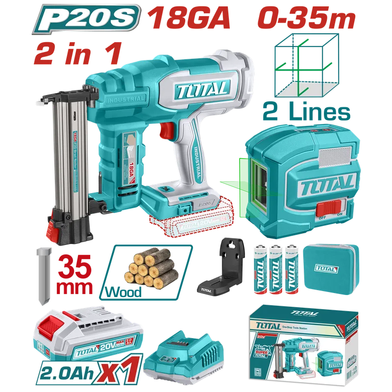 Pistolete Gozhdesh me bateri 20V/2.0Ah CBNLI2005 + Nivelus me lazer me 2 vija jeshile 0-35m – TOSLI250201